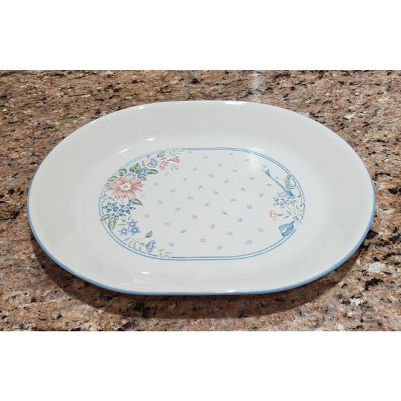 Corelle Blue Symphony 12 1/4" x 10" Platter Blue Stripe Peach Flower - Picture 4 of 11